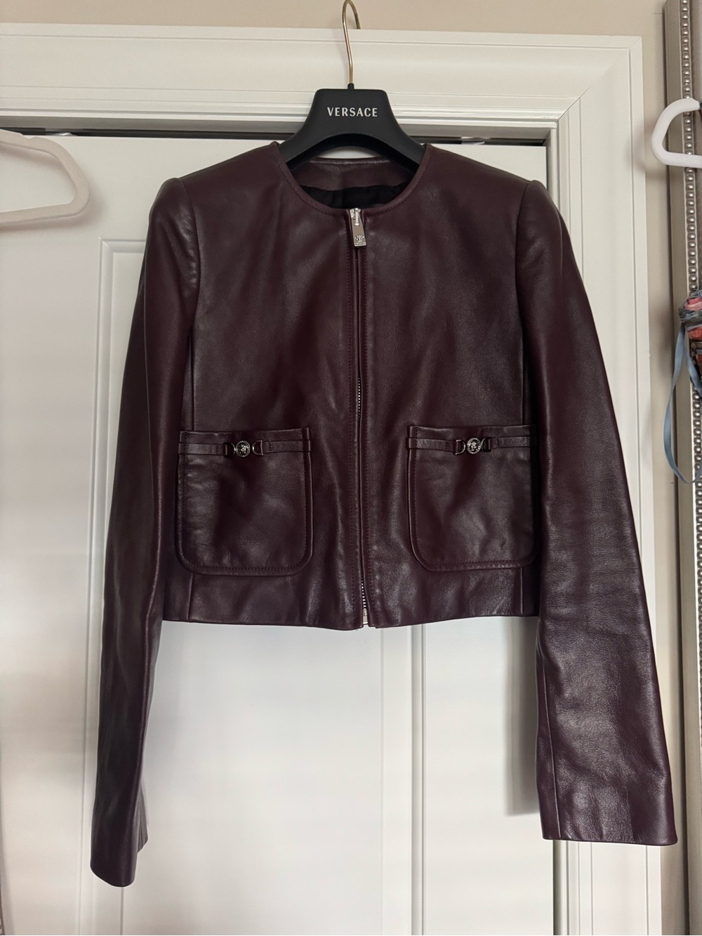 Versace Women's chocolate brown Leather Zip-Front Jacket